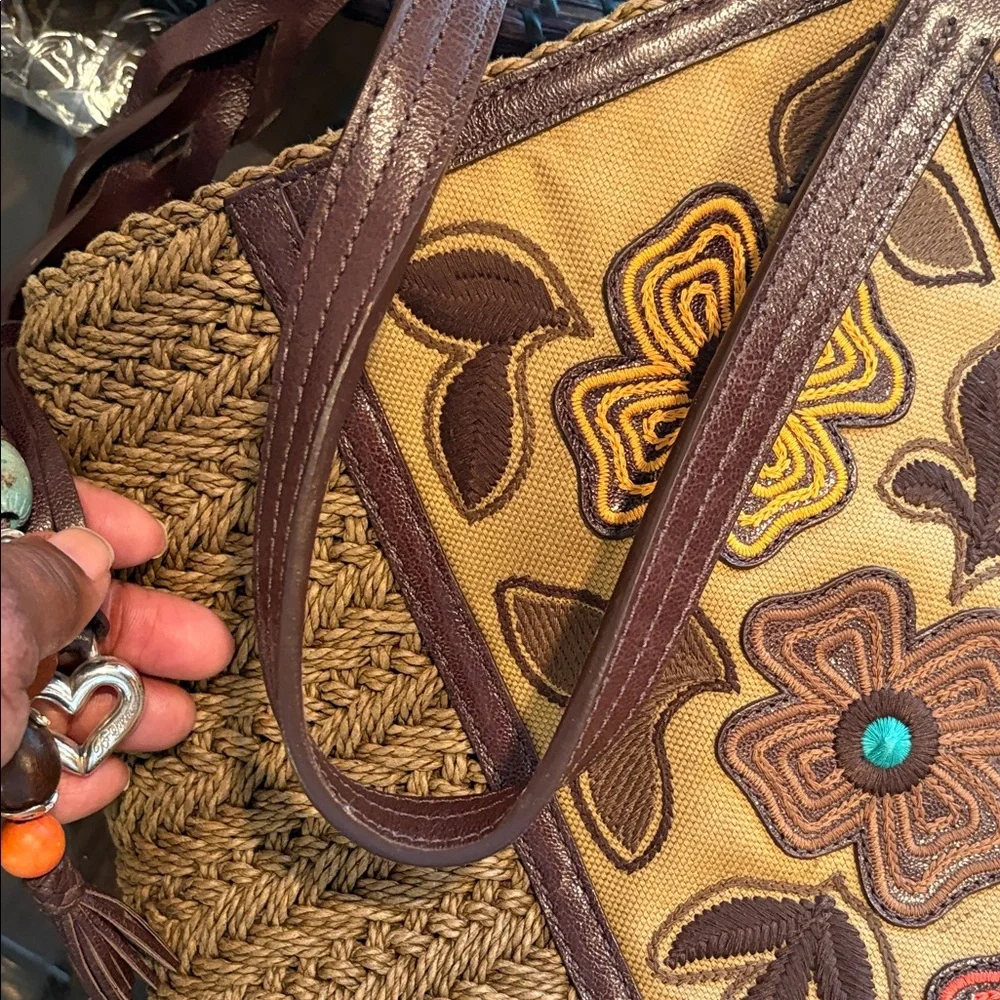 Brighton Floral Embroidered Tan and Brown Women's Bag - Picture 6 of 7